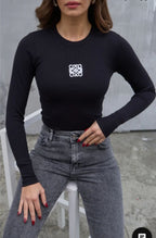 Siyah Fitilli Bisiklet Yaka Uzun Kollu Nakış Detaylı Kadın Body Bluz